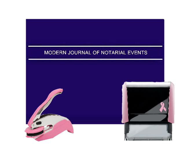 This value package combines a Notarystamps.com custom-manufactured Alaska Notary Pink Pocket Seal, Ideal Self Inking Stamp, and Notary Journal. Satisfies all official notarial needs in one convenient and stylish package.