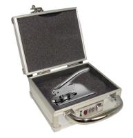 Your custom Alaska Notary Seal Embosser fortified inside a Locking Case for assured storage and transport of official notarial equipment.