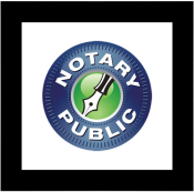 This Notary Public Sign is framed in black wood and contains a background image of an inked pen that advertizes notarial servicing.