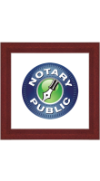 Brown Wood Framed Notary Public Sign advertizes notarial servicing with qualifications surrounding image of an inked pen.