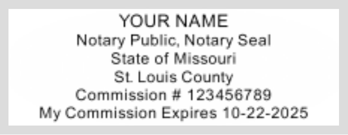 alt text='Missouri Notary, Shiny DUO Hand Stamp, Sample Impression Image, Rectangular, 2.3x0.81 inches'